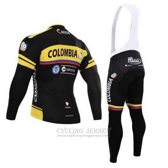 2015 Cycling Jersey Colombia Black and Yellow Long Sleeve and Bib Tight
